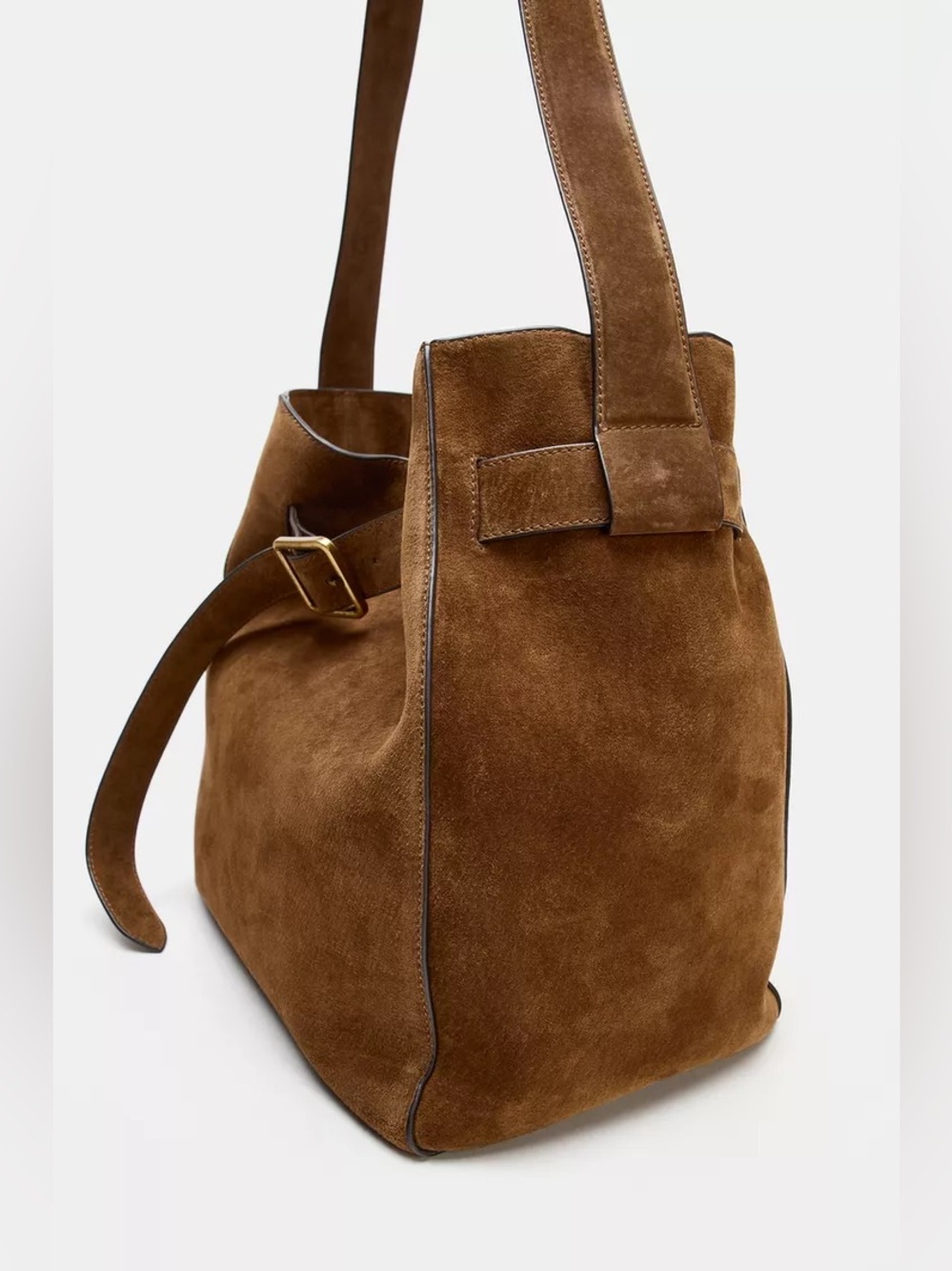 Suede 100% real leather Bucket Shoulder Bag in Brown with Belt detail - Picture 4 of 7